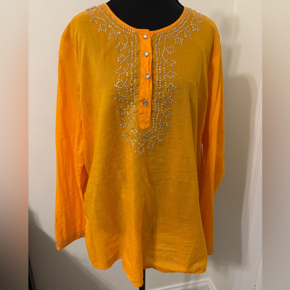 Vintage Old Navy Vibrant Orange Embroidered lightweight bling Blouse